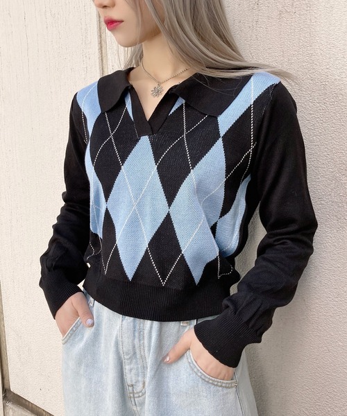 Figments（フィグメンツ）の「襟付きアーガイルニット（ニット/セーター・レディース・ホワイト/ブルー・FREE）」の2枚目の写真