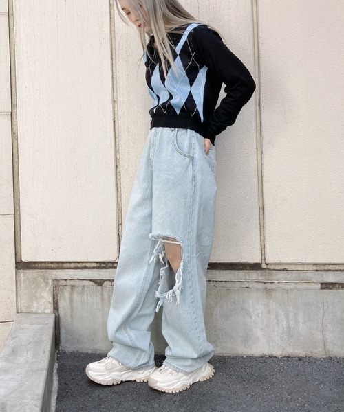 Figments（フィグメンツ）の「襟付きアーガイルニット（ニット/セーター・レディース・ホワイト/ブルー・FREE）」の3枚目の写真