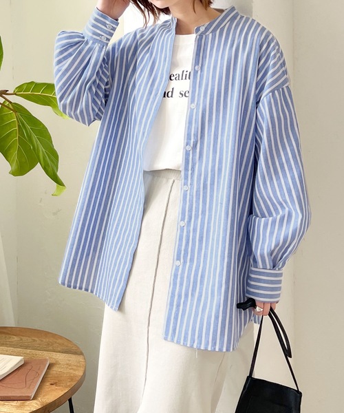 LIAN（リアン）の「リネンライクストライプバンドカラーシャツ（シャツ/ブラウス・レディース・オレンジ/ブルー/ピンク/グリーン・FREE）」の3枚目の写真