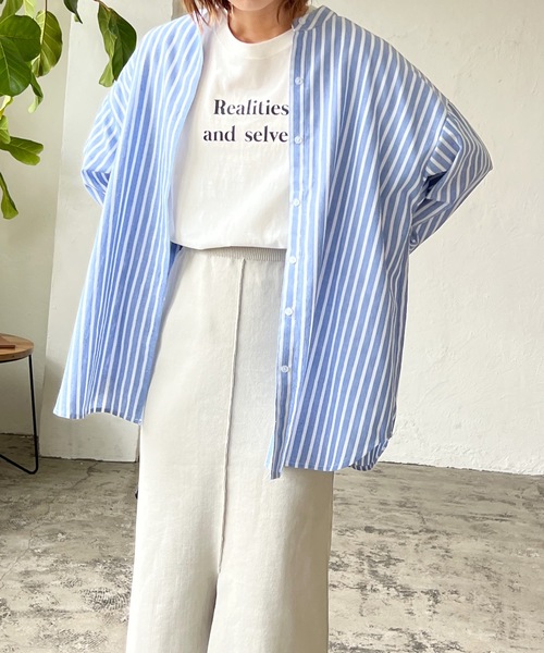 LIAN（リアン）の「リネンライクストライプバンドカラーシャツ（シャツ/ブラウス・レディース・オレンジ/ブルー/ピンク/グリーン・FREE）」の19枚目の写真