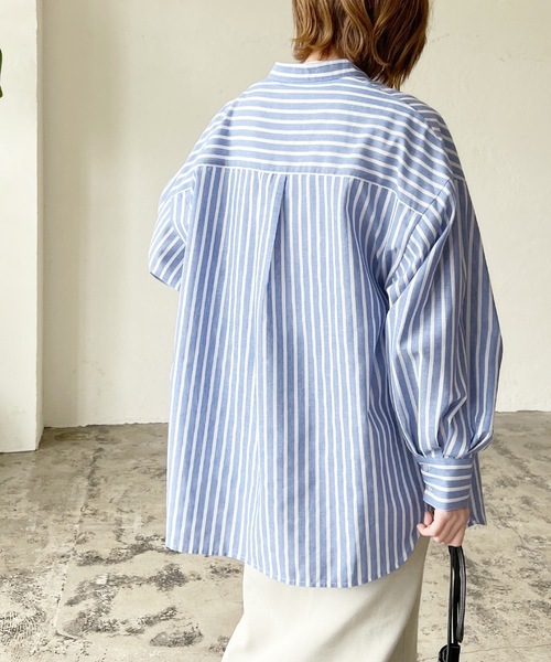 LIAN（リアン）の「リネンライクストライプバンドカラーシャツ（シャツ/ブラウス・レディース・オレンジ/ブルー/ピンク/グリーン・FREE）」の5枚目の写真