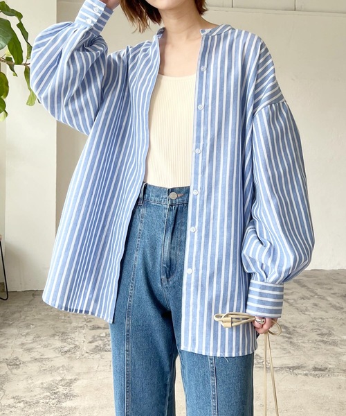 LIAN（リアン）の「リネンライクストライプバンドカラーシャツ（シャツ/ブラウス・レディース・オレンジ/ブルー/ピンク/グリーン・FREE）」の15枚目の写真