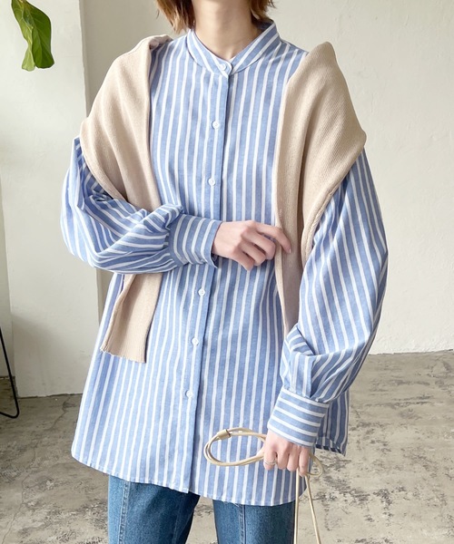 LIAN（リアン）の「リネンライクストライプバンドカラーシャツ（シャツ/ブラウス・レディース・オレンジ/ブルー/ピンク/グリーン・FREE）」の8枚目の写真