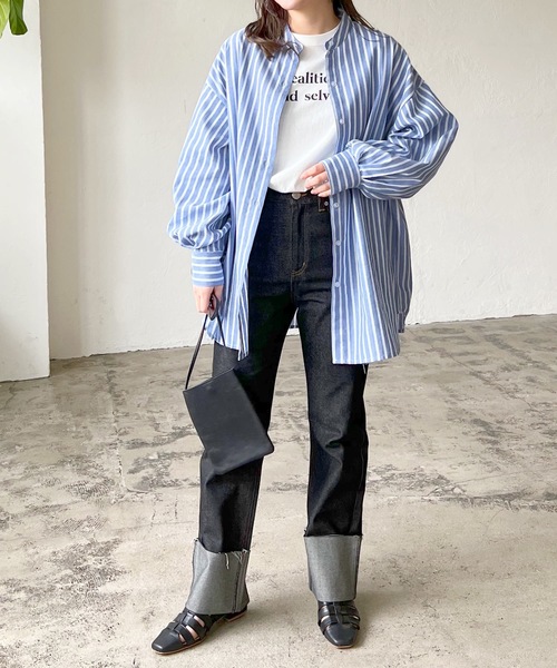 LIAN（リアン）の「リネンライクストライプバンドカラーシャツ（シャツ/ブラウス・レディース・オレンジ/ブルー/ピンク/グリーン・FREE）」の21枚目の写真