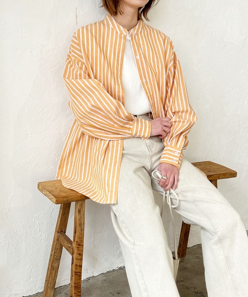 LIAN（リアン）の「リネンライクストライプバンドカラーシャツ（シャツ/ブラウス・レディース・オレンジ/ブルー/ピンク/グリーン・FREE）」の20枚目の写真
