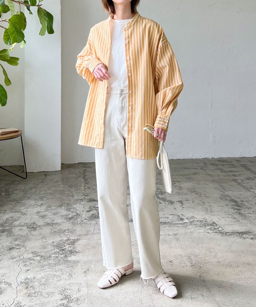 LIAN（リアン）の「リネンライクストライプバンドカラーシャツ（シャツ/ブラウス・レディース・オレンジ/ブルー/ピンク/グリーン・FREE）」の6枚目の写真