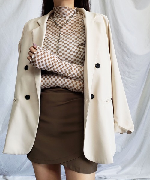 me+em select（ミームセレクト）の「ブロックチェックシアーハイネックメロートップス 【韓国製】（Tシャツ/カットソー・レディース・ブラック/ベージュ・FREE）」の12枚目の写真