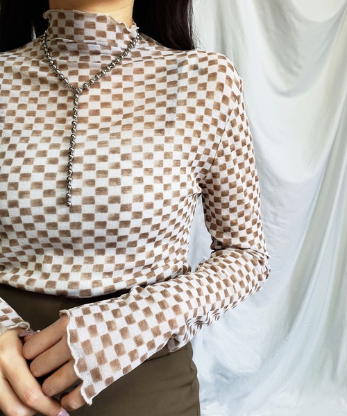 ブロックチェックシアーハイネックメロートップス 【韓国製】（Tシャツ