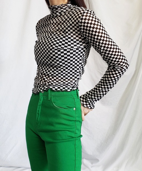 ブロックチェックシアーハイネックメロートップス 【韓国製】（Tシャツ