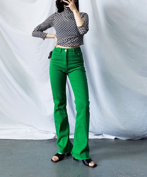 ブロックチェックシアーハイネックメロートップス 【韓国製】（Tシャツ