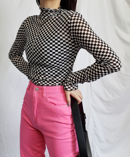 ブロックチェックシアーハイネックメロートップス 【韓国製】（Tシャツ