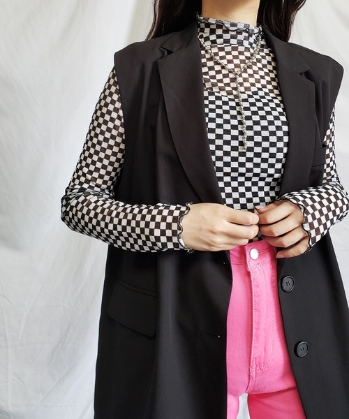 me+em select（ミームセレクト）の「ブロックチェックシアーハイネックメロートップス 【韓国製】（Tシャツ/カットソー・レディース・ブラック/ベージュ・FREE）」の19枚目の写真