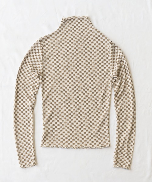 ブロックチェックシアーハイネックメロートップス 【韓国製】（Tシャツ