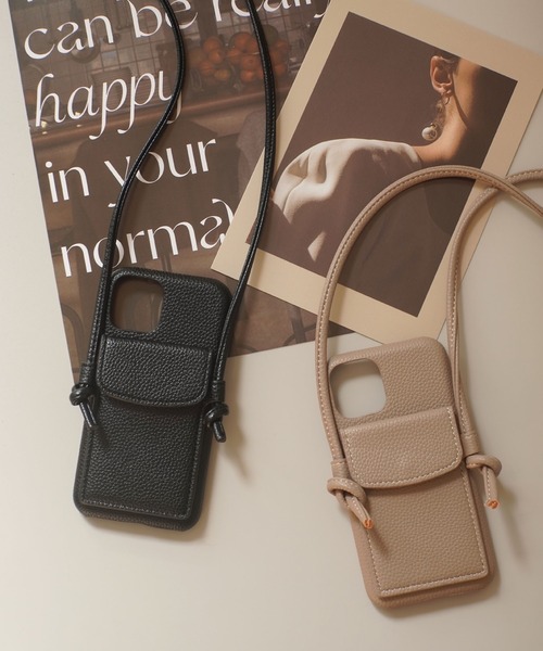 ammy.（エイミードット）の「【 ammy. / エイミードット 】 PU レザー ポケット ショルダーコード 付き  iPhoneケース  iPhoneカバー / 11 , 11pro , 12 , 12pro , 12mini 13 , 13pro , 14 , 14pro 対応（スマホケース/カバー・レディース・ベージュ/ブラック・F/E/B/D/C/A/H/G/I/J）」の2枚目の写真