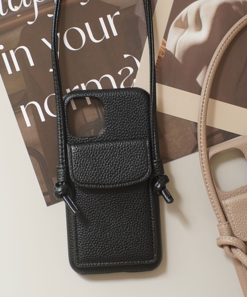 ammy.（エイミードット）の「【 ammy. / エイミードット 】 PU レザー ポケット ショルダーコード 付き  iPhoneケース  iPhoneカバー / 11 , 11pro , 12 , 12pro , 12mini 13 , 13pro , 14 , 14pro 対応（スマホケース/カバー・レディース・ベージュ/ブラック・F/E/B/D/C/A/H/G/I/J）」の3枚目の写真