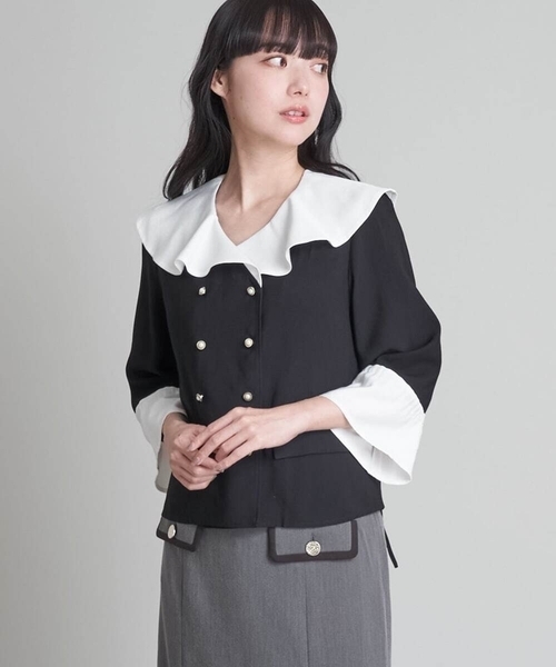 A de a.v.v（アードアー・ヴェ・ヴェ）の「配色フリルカラーダブル釦ブラウス（シャツ/ブラウス・レディース・ベージュ/ブラック・36/38）」の3枚目の写真
