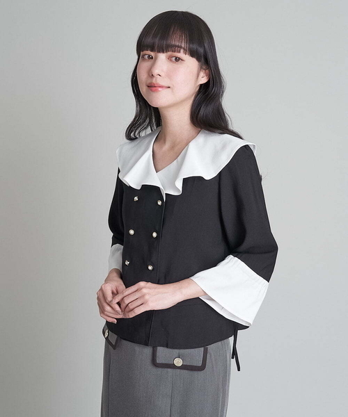 A de a.v.v（アードアー・ヴェ・ヴェ）の「配色フリルカラーダブル釦ブラウス（シャツ/ブラウス・レディース・ベージュ/ブラック・36/38）」の4枚目の写真