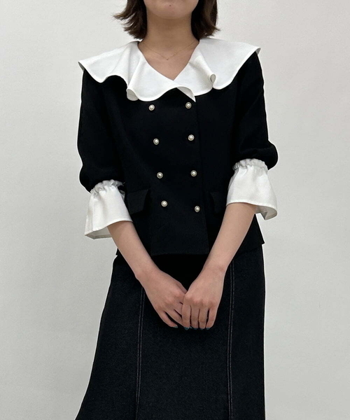 A de a.v.v（アードアー・ヴェ・ヴェ）の「配色フリルカラーダブル釦ブラウス（シャツ/ブラウス・レディース・ベージュ/ブラック・36/38）」の16枚目の写真