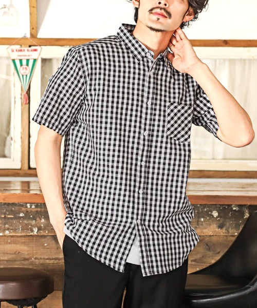 LUXSTYLE（ラグスタイル）の「先染めチェック柄半袖シャツ（シャツ/ブラウス・メンズ・ブラック系その他2/ブラック系その他/グリーン系その他・XL/M/L）」の2枚目の写真