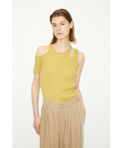 THROW by SLY(スローバイスライ)の「THROW OPEN ARM RIB TOPS オープン アーム リブ トップス カッティング カットトップス 肌見せ アシンメトリー(Tシャツ/カットソー・レディース・ライトイエロー/ホワイト/ブラック・FREE)」の1枚目の写真