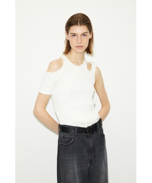 THROW by SLY(スローバイスライ)の「THROW OPEN ARM RIB TOPS オープン アーム リブ トップス カッティング カットトップス 肌見せ アシンメトリー(Tシャツ/カットソー・レディース・ライトイエロー/ホワイト/ブラック・FREE)」の2枚目の写真