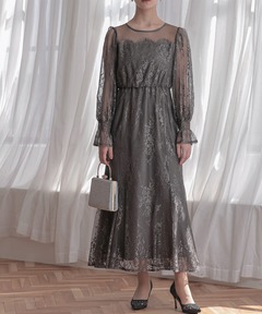 【Leja】ラメ花柄刺繍ポイントレース加工チュールヘムワンピースドレス セール】【LEJA】ラメ花柄刺繍ポイントレース加工チュールヘム