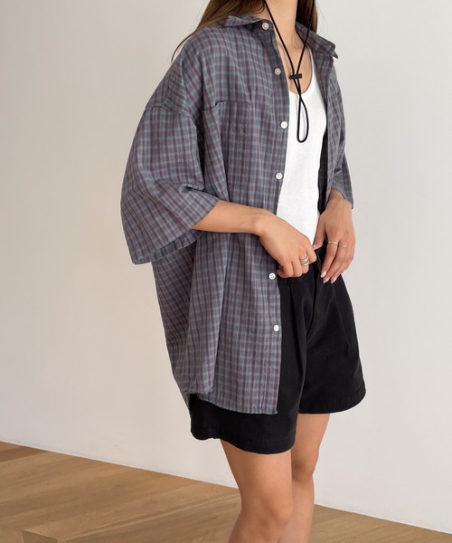 CANAL JEAN（キャナルジーン）の「choice_cnl　チェック半袖シャツ（シャツ/ブラウス・レディース・ブルー/ベージュ・ONE SIZE）」の14枚目の写真