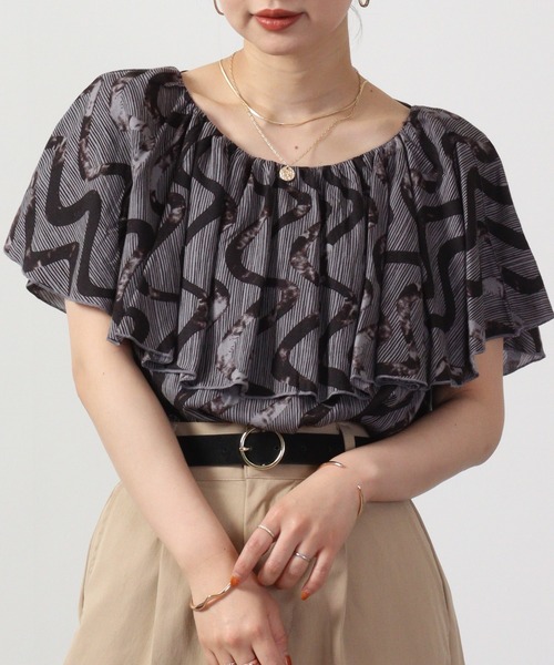 lil nina（リルニーナ）の「lil nina レーヨンフレックススラブ　フリルブラウス プリント（シャツ/ブラウス・レディース・グレー系その他/ブルー系/オレンジ系・FREE）」の4枚目の写真