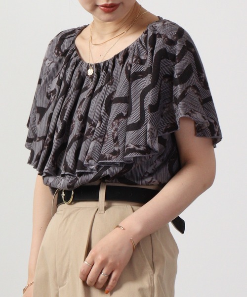 lil nina（リルニーナ）の「lil nina レーヨンフレックススラブ　フリルブラウス プリント（シャツ/ブラウス・レディース・グレー系その他/ブルー系/オレンジ系・FREE）」の5枚目の写真