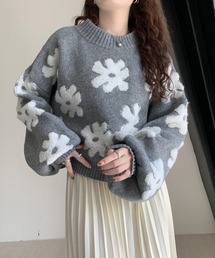 花柄ボアリブショートニットトップス