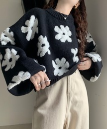 花柄ボアリブショートニットトップス