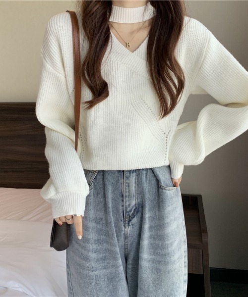 セール】Vネックカットアウトニットトップス（ニット/セーター