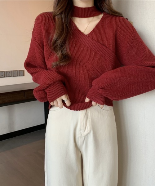 セール】Vネックカットアウトニットトップス（ニット/セーター