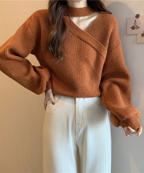 セール】Vネックカットアウトニットトップス（ニット/セーター
