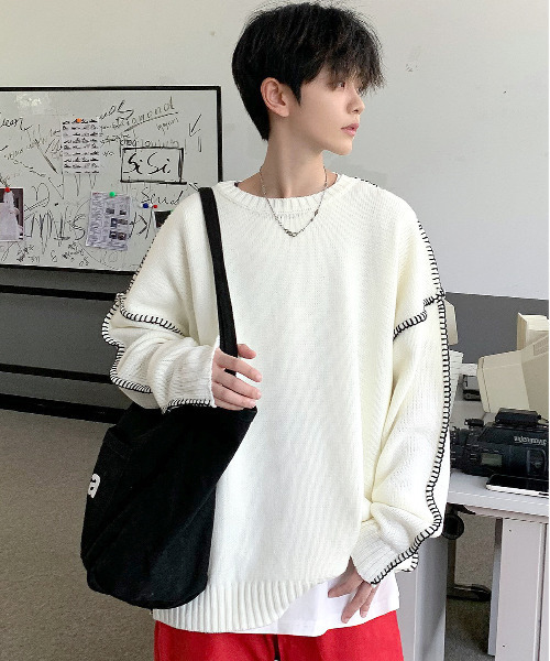 neos(ネオス)の「【neos -addictive design-】ビッグシルエット 配色 ハンドステッチ クルーネック ニット プルオーバー(ニット/セーター・メンズ・チャコール/ブラック/ホワイト・LARGE/X-LARGE/MEDIUM)」の1枚目の写真
