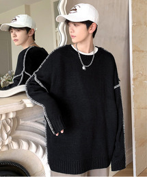 【neos -addictive design-】ビッグシルエット 配色 ハンドステッチ クルーネック ニット プルオーバー