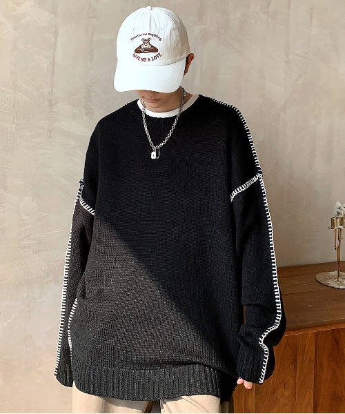 neos(ネオス)の「【neos -addictive design-】ビッグシルエット 配色 ハンドステッチ クルーネック ニット プルオーバー(ニット/セーター・メンズ・チャコール/ブラック/ホワイト・LARGE/X-LARGE/MEDIUM)」の4枚目の写真