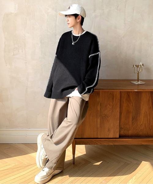 neos(ネオス)の「【neos -addictive design-】ビッグシルエット 配色 ハンドステッチ クルーネック ニット プルオーバー(ニット/セーター・メンズ・チャコール/ブラック/ホワイト・LARGE/X-LARGE/MEDIUM)」の5枚目の写真