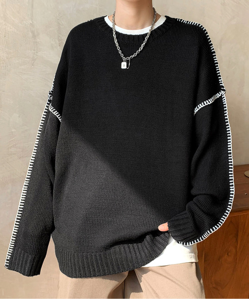 neos(ネオス)の「【neos -addictive design-】ビッグシルエット 配色 ハンドステッチ クルーネック ニット プルオーバー(ニット/セーター・メンズ・チャコール/ブラック/ホワイト・LARGE/X-LARGE/MEDIUM)」の8枚目の写真