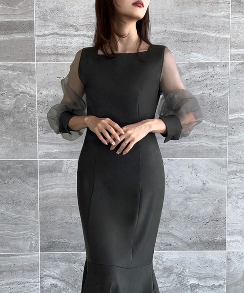 セール】シアーボリュームスリーブマーメイドワンピース（ワンピース