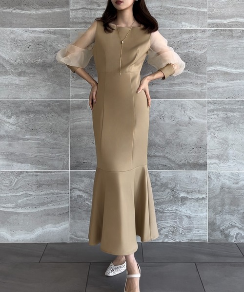 【miacharme】マーメイドロングOP セール】シアーボリュームスリーブマーメイドワンピース