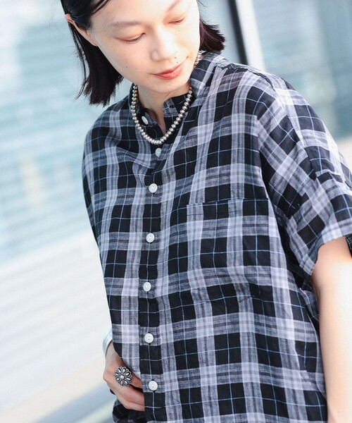 BEAMS BOY（ビームスボーイ）の「リネン チェック スタンドカラー