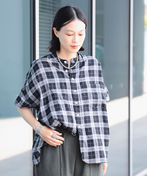BEAMS BOY 　リネン　半袖シャツ 　ネイビー セール】リネン ソリッド スタンドカラーシャツ（シャツ