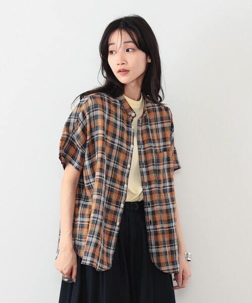 BEAMS BOY ネイビー 半袖リネン スタンドカラーシャツ ビームスボーイ セール】リネン ソリッド スタンドカラーシャツ（シャツ