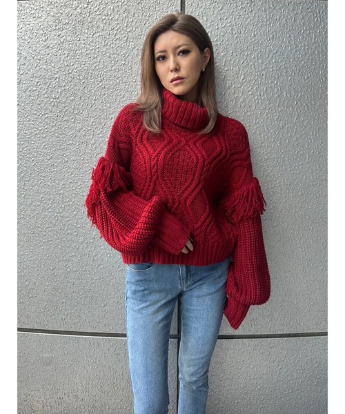 EGOIST（エゴイスト）の「ショルダーフリンジタートルネックニットトップス（ニット/セーター・レディース・ベージュ/グレー/ブラック/レッド・FREE）」の8枚目の写真