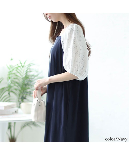 レース袖スクエアネックパイピングワンピース（ワンピース