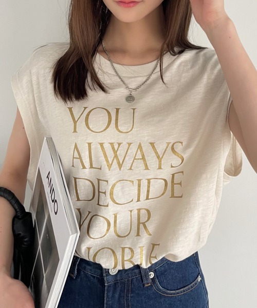 Ada.(エイダ)の「箔プリント ロゴ ノースリーブ トップス(Tシャツ/カットソー・レディース・チャコール/アイボリー/オフホワイト・FREE)」の18枚目の写真