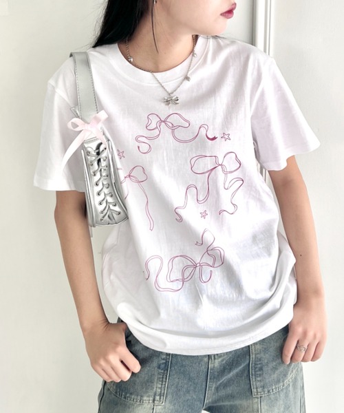 √nuage(ルートニュアージュ)の「トゥインクルリボンルーズTシャツ(Tシャツ/カットソー・レディース・グレー/ホワイト/ピンク・FREE)」の1枚目の写真