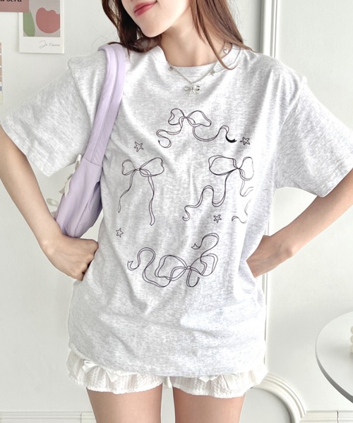 √nuage(ルートニュアージュ)の「トゥインクルリボンルーズTシャツ(Tシャツ/カットソー・レディース・グレー/ホワイト/ピンク・FREE)」の12枚目の写真