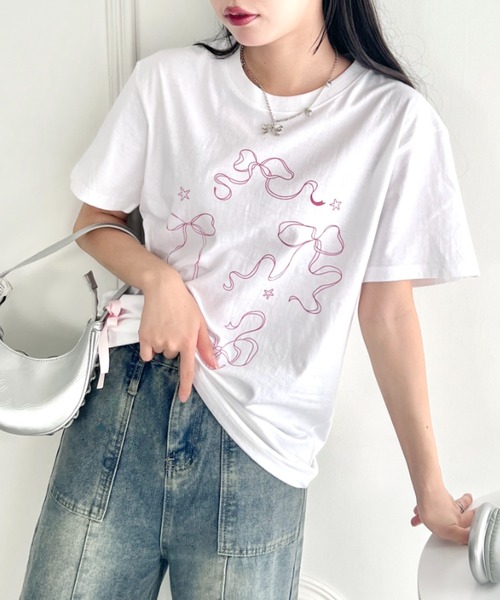 √nuage(ルートニュアージュ)の「トゥインクルリボンルーズTシャツ(Tシャツ/カットソー・レディース・グレー/ホワイト/ピンク・FREE)」の5枚目の写真